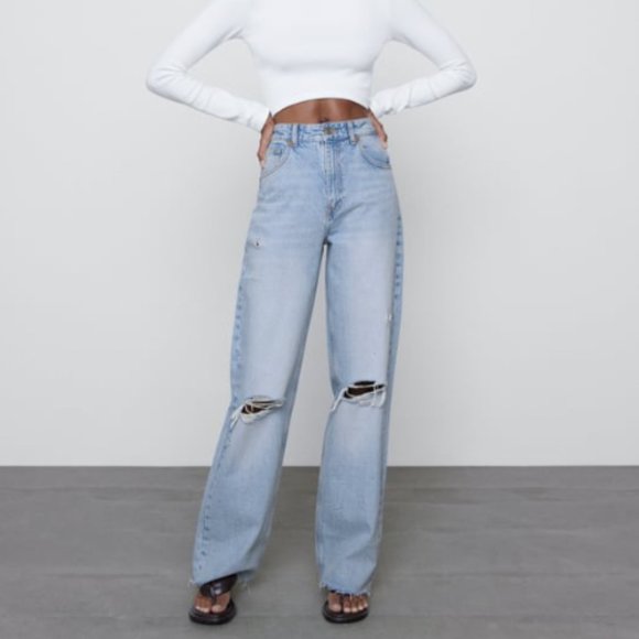 Zara Denim - ZARA  WIDE LEG FULL LENGTH RIPPED JEANS